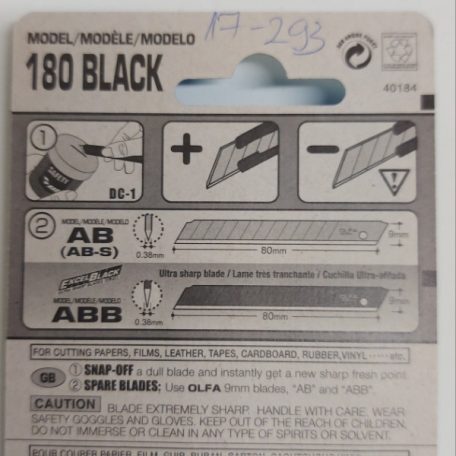 OLFA szakipari kés 180-BLACK , 9 mm pengével fémtokban 
