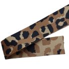 Sima fényes 50 mm x 3 mm  szövött szatén heveder , aranybézs-fekete-homok nagy ocelot mintás