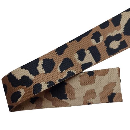 Sima fényes 50 mm x 3 mm  szövött szatén heveder , aranybézs-fekete-homok nagy ocelot mintás