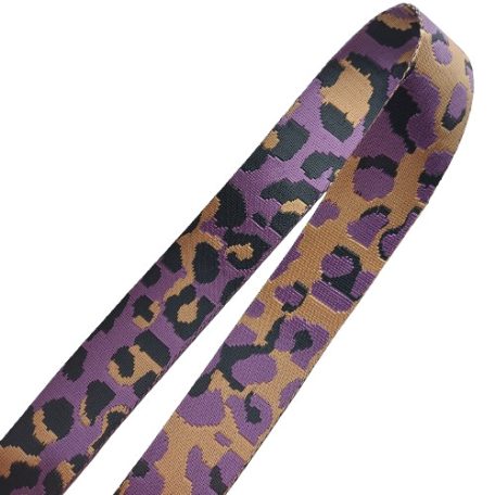Sima fényes 50 mm x 3 mm  szövött  statén heveder , lila-aranybézs-fekete ocelot mintás