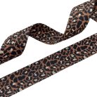 Sima fényes 50 mm x 3 mm  szövött szatén heveder , barna-bézs-fekete ocelot mintás