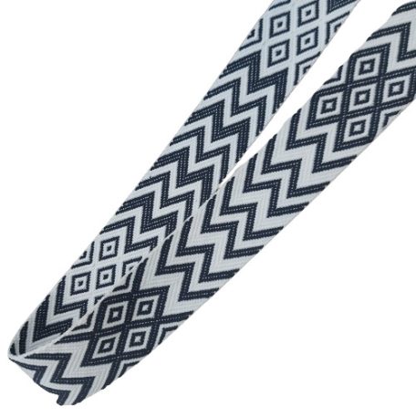 Sima fényes 50 mm x 3 mm  szövött szatén heveder , sötétkék-fehér rombusz mintás
