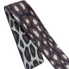 Sima fényes 50 mm x 3 mm  szövött szatén heveder , sötét barna-fekete-törtfehér ocelot mintás