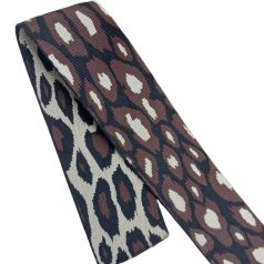   Sima fényes 50 mm x 3 mm  szövött szatén heveder , sötét barna-fekete-törtfehér ocelot mintás