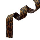 Sima fényes 50 mm x 3 mm  szövött szatén heveder , világos barna-fekete ocelot mintás