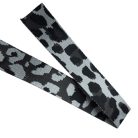 Sima fényes 40 mm x 3 mm  kétoldalas ,szövött szatén heveder,grafit szürke-fekete-ezüst ocelot mintás