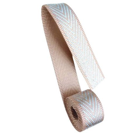 Sima fényes 40 mm x 3 mm szövött szatén heveder , bézs-ezüst halszálka mintás