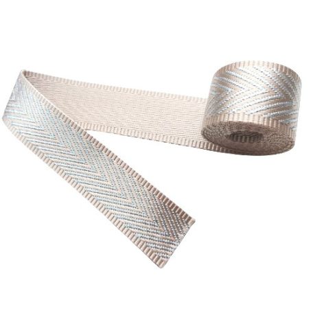 Sima fényes 40 mm x 3 mm szövött szatén heveder , bézs-ezüst halszálka mintás