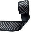 Sima fényes 40 mm x 3 mm  szövött szatén heveder , fekete-ezüst , halszálka mintás
