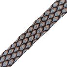 Sima fényes 40 mm x 3 mm  kétoldalas ,szövött szatén heveder, fekete-világos barna- ezüst pikkely mintás