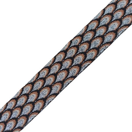 Sima fényes 40 mm x 3 mm  kétoldalas ,szövött szatén heveder, fekete-világos barna- ezüst pikkely mintás