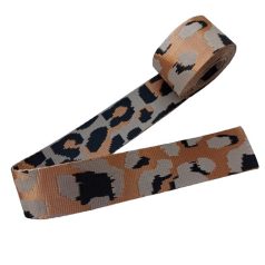   Sima fényes 40 mm x 3 mm  kétoldalas ,szövött szatén heveder,homok-fekete-arany ocelot mintás