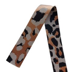   Sima fényes 40 mm x 3 mm  kétoldalas ,szövött szatén heveder,homok-fekete-arany ocelot mintás