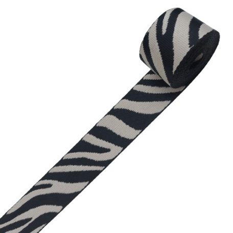 Sima fényes 40 mm x 3 mm  szövött szatén heveder , homok-fekete zebra mintás