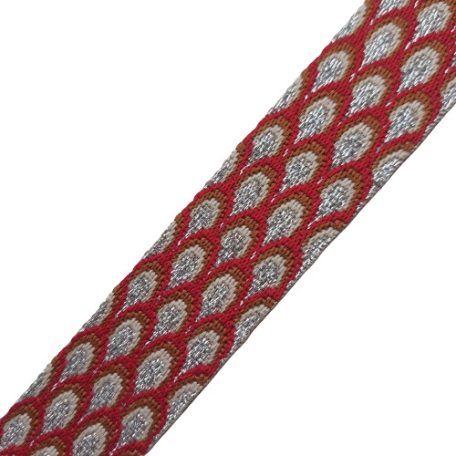 Sima fényes 40 mm x 3 mm  kétoldalas ,szövött szatén heveder , piros-sötét drappp-ezüst pikkely mintás 