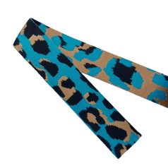   Sima fényes 40 mm x 3 mm  kétoldalas ,szövött szatén heveder,világos kék-fekete-bézs ocelot mintás