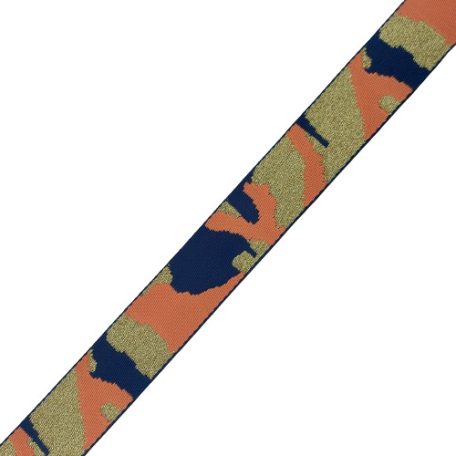 Sima fényes 50 mm x 3 mm  kétoldalas ,szövött szatén heveder , mékykék-narancs-arany terep mintás